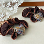 Load image into Gallery viewer, Brown Plaid Heart Scrunchy Lace Trim Hair Tie Soft S5P772