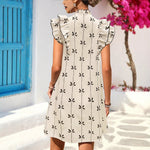 Load image into Gallery viewer, Flared Sleeve Bow Tie Dress Women Beige N5A497