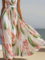 Load image into Gallery viewer, Pink Printed V Neck Backless A Line Dress Women N5A928
