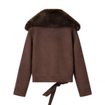 Load image into Gallery viewer, Womens Detachable Fur Collar Tie Waist Jacket Brown N5A671