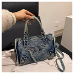 Load image into Gallery viewer, Women's Vintage Denim Studded Moto Tote Bag N6J198