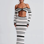 Load image into Gallery viewer, Striped Halter Long Sleeve Skirt Set Women N6A057