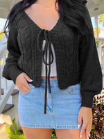 Load image into Gallery viewer, Cropped Ribbed Cardigan Bow Tie Lantern Sleeve Women N6B029
