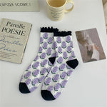 Load image into Gallery viewer, Ruffle Trim 3D Floral Cotton Mid Calf Socks M5A072