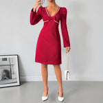 Load image into Gallery viewer, Deep V Neck Puffed Dress Pearl Accent High Waist Red N5Z469