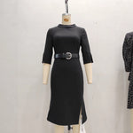 Load image into Gallery viewer, Elegant Office Dress Black Mid-Sleeve Tapered Waist N5A693