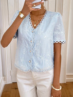 Load image into Gallery viewer, Lace Trim V Neck Short Sleeve Chiffon Blouse Women N6C104