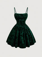 Load image into Gallery viewer, Dark Green Velvet Embossed Spag Strap Dress Women N5A943
