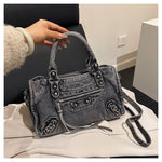 Load image into Gallery viewer, Women's Vintage Denim Studded Moto Tote Bag N6J198