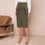 Load image into Gallery viewer, Military Green Side Slit Midi Skirt Women N5A758