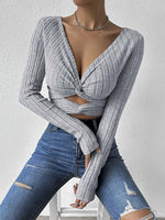 Load image into Gallery viewer, V Neck Crinkle Texture Crop Top Long Sleeve Women N6B082