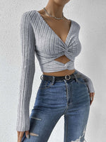 Load image into Gallery viewer, V Neck Crinkle Texture Crop Top Long Sleeve Women N6B082