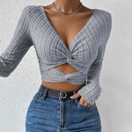 Load image into Gallery viewer, V Neck Crinkle Texture Crop Top Long Sleeve Women N6B082
