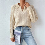 Load image into Gallery viewer, Polo Neck Cable Knit Sweater Women Beige N5A589