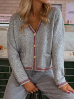 Load image into Gallery viewer, French Style Contrast Trim Cardigan Women Gray N5A518
