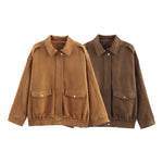 Load image into Gallery viewer, Brown Suede like Aviator Jacket Women Loose Fit Notch N5A745