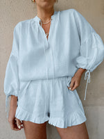 Load image into Gallery viewer, Lantern Sleeve Linen Two-Piece Set Women N6D115