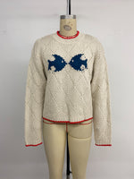 Load image into Gallery viewer, Beige Fish Print Sweater Color Block Trim Round Neck N5A806