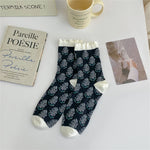 Load image into Gallery viewer, Ruffle Trim 3D Floral Cotton Mid Calf Socks M5A072