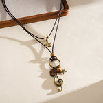 Load image into Gallery viewer, Leather Cord Wood Bead Star Leaf Sweater Chain N6H138