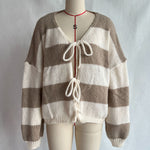 Load image into Gallery viewer, Striped Bow Tie Cardigan Women V Neck Loose Knit N5A842