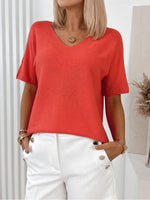 Load image into Gallery viewer, V-neck Relaxed Short Sleeve Knit Top Women Orange N6D138