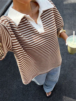 Load image into Gallery viewer, Stripe V-Neck Colorblock Drop Shoulder Polo Tee N6G285