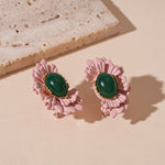 Load image into Gallery viewer, Oval Glass Bead Earrings Floral Motif S5P108