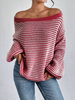 Load image into Gallery viewer, Off Shoulder Stripe Knit Sweater Drop Sleeve Women N6B031
