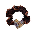 Load image into Gallery viewer, Brown Plaid Heart Scrunchy Lace Trim Hair Tie Soft S5P772