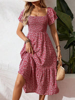 Load image into Gallery viewer, Smocking Square Neck Floral Summer Dress Women N6A204