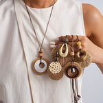 Load image into Gallery viewer, Leather Cord Wood Resin Raffia Drop Pendant Necklace N6H139
