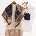 Load image into Gallery viewer, Luxe Dark Plaid 90x90 Scarf Brown Women M5A349