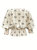 Load image into Gallery viewer, Floral Print Smocked Waist Blouse Women Beige Black N5A498