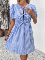 Load image into Gallery viewer, Retro Stripe Bow Tie Round Neck Dress N6B066