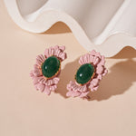 Load image into Gallery viewer, Oval Glass Bead Earrings Floral Motif S5P108