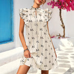 Load image into Gallery viewer, Flared Sleeve Bow Tie Dress Women Beige N5A497
