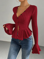 Load image into Gallery viewer, V Neck Ruffle Brushed Slim Top Bell Sleeve Women N6B085