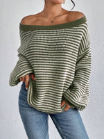 Load image into Gallery viewer, Off Shoulder Stripe Knit Sweater Drop Sleeve Women N6B031