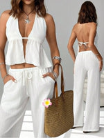 Load image into Gallery viewer, Halter Tie Back Crop Top and Pants Set Women N6D093