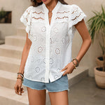 Load image into Gallery viewer, V Neck Eyelet Shirt Women Solid Color N6C105