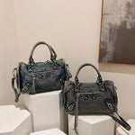 Load image into Gallery viewer, Women's Vintage Denim Studded Moto Tote Bag N6J198