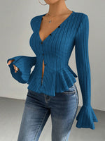 Load image into Gallery viewer, V Neck Ruffle Brushed Slim Top Bell Sleeve Women N6B085