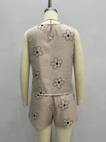 Load image into Gallery viewer, Khaki Printed Round Neck Sleeveless Shorts Set Women N5A950