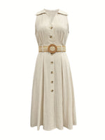 Load image into Gallery viewer, Khaki V Neck Shirt Dress Women Belted A Line N5A919