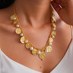 Load image into Gallery viewer, Metal Coin Rhinestone Pearl Tassel Choker Necklace N6H151