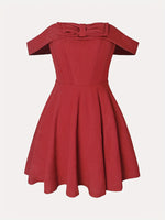 Load image into Gallery viewer, Red Off Shoulder Bow Pleated Evening Dress Women N5A921