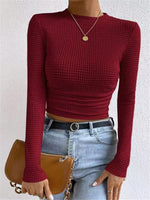 Load image into Gallery viewer, Fitted Checkered Long Sleeve Ruffle T-shirt Women N6C323