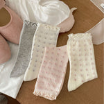 Load image into Gallery viewer, Diamond Grid Ruffle Trim Cotton Mid-Calf Socks Women N6H009