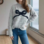 Load image into Gallery viewer, Bow Jacquard Knit Sweater Women Round Neck Loose Fit N5A844